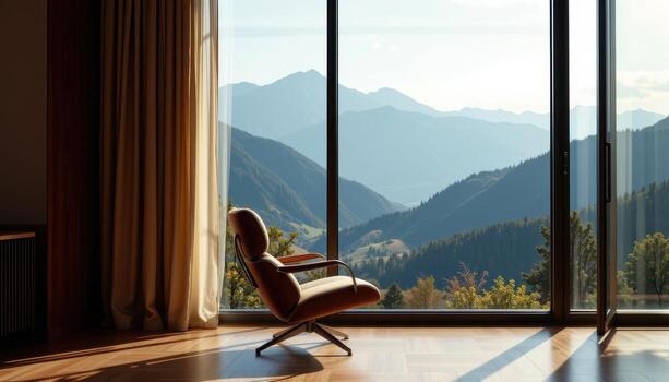 A chair is placed in front of a large window, overlooking the mountain view, where light and shadow blend harmoniously through the space. photo