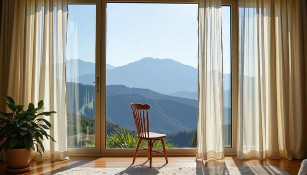 A chair is placed in front of a large window, overlooking the mountain view, surrounded by tranquil morning light and framed by delicate sheer curtains that move slightly in the breeze. photo
