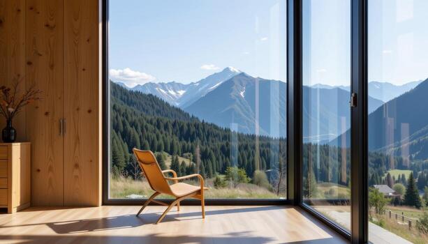 A chair is placed in front of a large window, overlooking the mountain view, framed by floor to ceiling glass panels that blur the line between interior and nature. photo