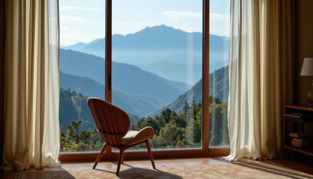 A chair is placed in front of a large window, overlooking the mountain view, with the soft morning light filtering through translucent curtains. photo