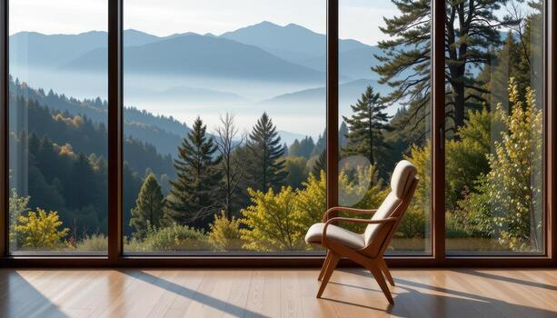A chair is placed in front of a large window, overlooking the mountain view, where morning fog lingers gently among the trees. photo