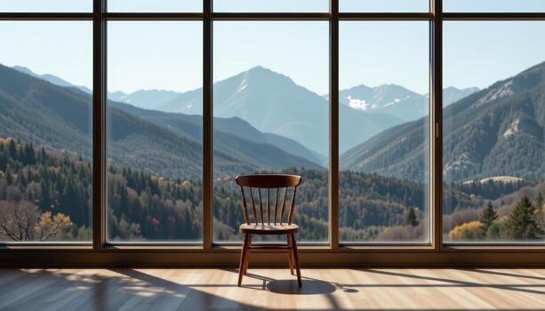 A chair is placed in front of a large window, overlooking the mountain view, with shadows from the frame casting patterns on the floor. photo