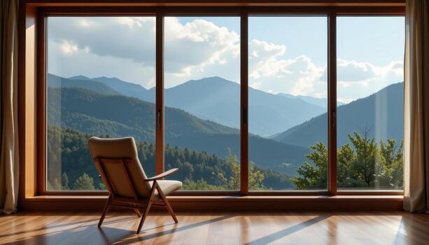 A chair is placed in front of a large window, overlooking the mountain view, the light filtering through creating an atmosphere of calm elegance. photo