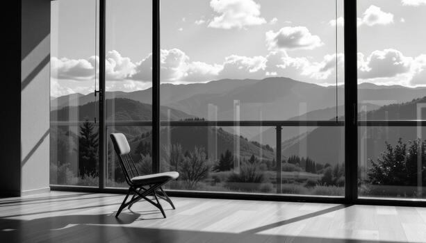 A chair is placed in front of a large window, overlooking the mountain view, the shadows of passing clouds rippling softly across the terrain. photo