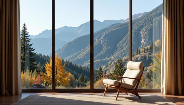 A chair is placed in front of a large window, overlooking the mountain view, framed by soft neutral tones that complement the outdoor colors. photo