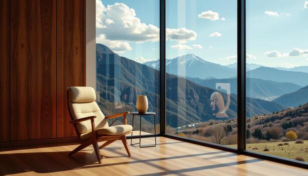 A chair is placed in front of a large window, overlooking the mountain view, the reflection of sky and earth merging into a seamless composition. photo