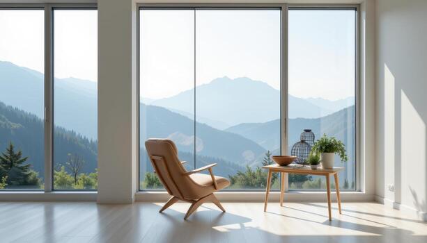 A chair is placed in front of a large window, overlooking the mountain view, with light scattering gently through the clean, minimalist space. photo