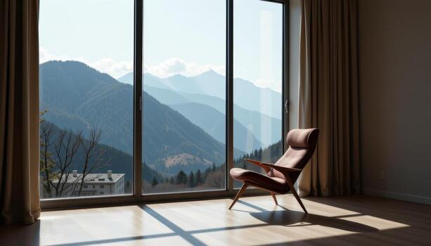 A chair is placed in front of a large window, overlooking the mountain view, with faint shadows tracing elegant shapes across the floor. photo