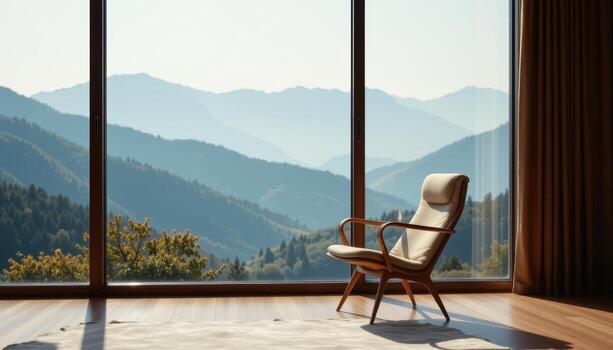 A chair is placed in front of a large window, overlooking the mountain view, where sunlight diffuses softly through morning haze. photo