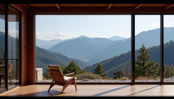 A chair is placed in front of a large window, overlooking the mountain view, the tranquil landscape beyond serving as a perfect complement to the serene interior. photo