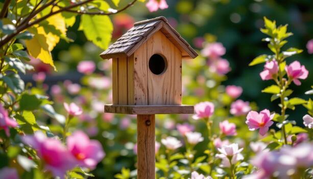 A small wooden birdhouse elevated on stilts rests in a sunlit garden, with soft light creating gentle patterns on the petals and leaves. photo