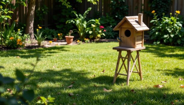 A charming wooden birdhouse elevated on stilts rests in a sunlit garden, with shadows of leaves creating dappled patterns across the lawn. photo