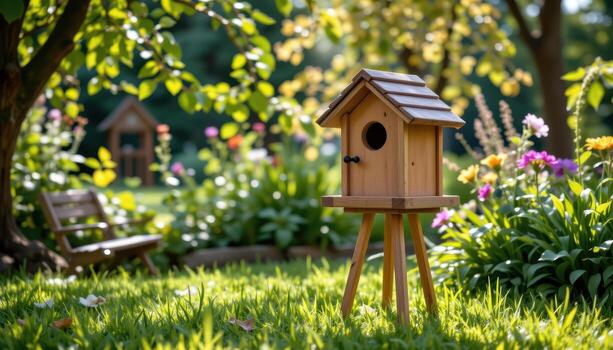 A handcrafted wooden birdhouse perches on stilts in a serene garden, with sunlight filtering through leaves and creating dappled patterns on the grass. photo