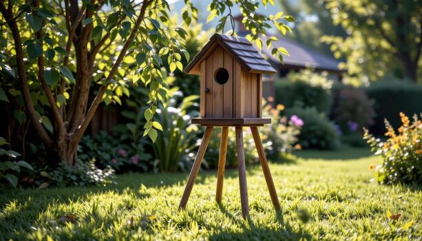 A wooden birdhouse elevated on stilts stands in a peaceful garden, with soft light filtering through leaves and creating patterns on the grass. photo