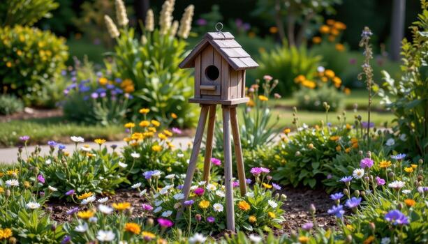 A rustic birdhouse made of wood stands on tall stilts in the center of a well maintained garden, with patches of wildflowers all around. photo