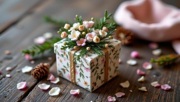 A small square gift box decorated with delicate flowers and pine twigs rests gracefully on a rustic table with petals scattered around. photo