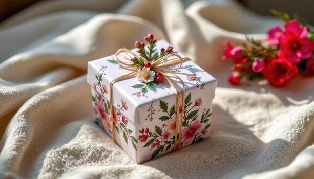 A small square gift box adorned with delicate flowers and pine branches sits elegantly on a textured cloth with sunlight illuminating its surface. photo