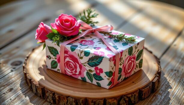 A handcrafted rectangular gift box adorned with roses and pine branches sits elegantly on a wooden board with soft sunlight illuminating textures. photo