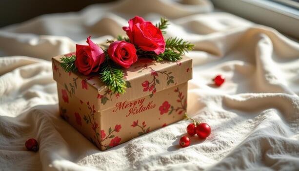 un hecho a mano regalo caja decorado con rosas y pino ramas descansa en un texturizado paño, iluminado por suave, difundido luz de sol. foto