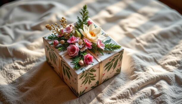 A square gift box decorated with delicate flowers and small pine branches is placed on a textured tablecloth with a warm glow from nearby light. photo