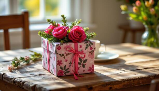 un cuadrado regalo caja decorado con rosas y pino leña menuda descansa graciosamente en un rústico mesa debajo suave, difundido luz de sol. foto