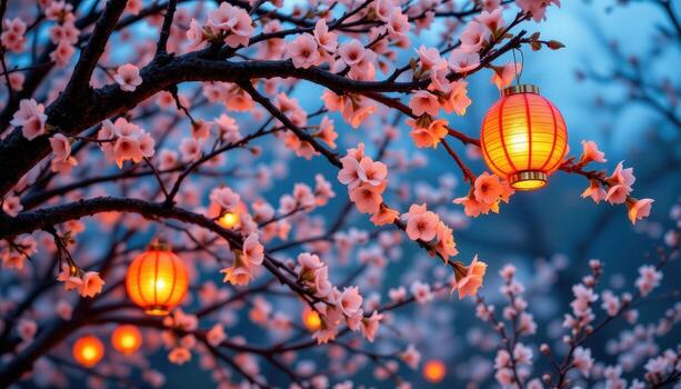 Lanterns illuminating cherry branches heavy with blossoms, warm light filling the darkness, no people, no animals. photo