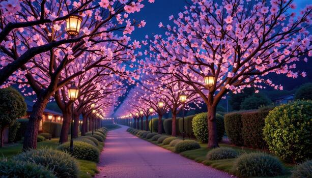 A garden path under cherry trees lined with paper lanterns, the night calm and glowing, no people, no animals. photo