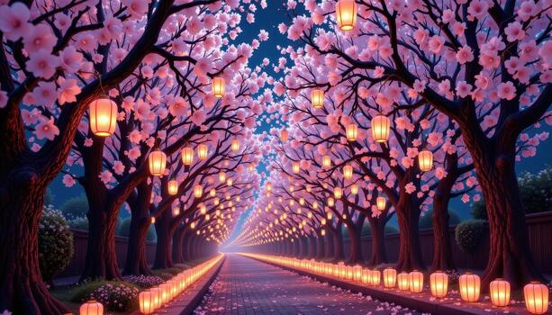 Lanterns lighting up a tunnel of cherry trees in bloom, creating a magical nightscape, no people, no animals. photo