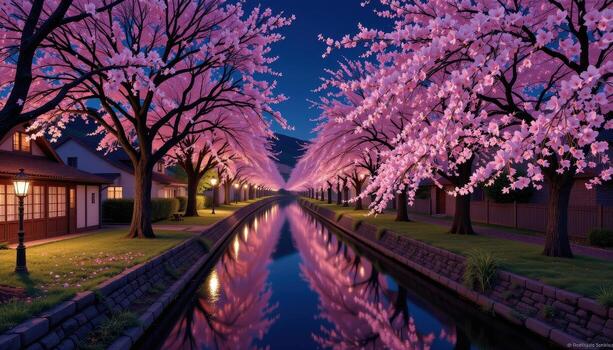 A quiet riverside lined with cherry trees and hanging lanterns, the night calm and filled with soft light, no people, no animals. photo