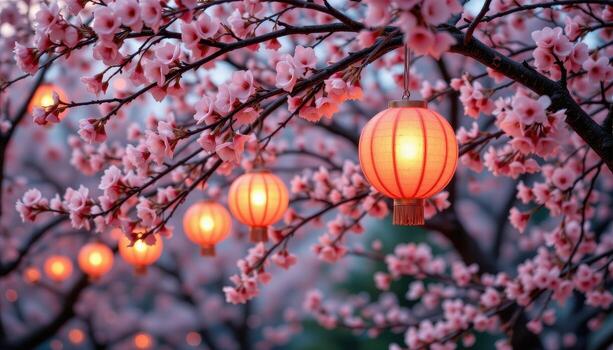 Paper lanterns swaying gently from branches of blooming cherry trees, their warm light reflecting on the petals, no people, no animals. photo