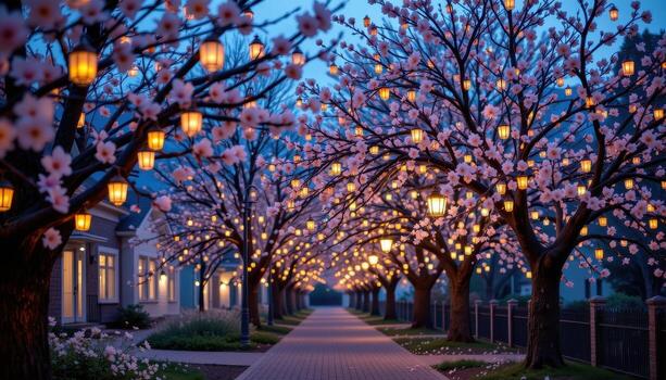 Cherry trees in full bloom lit softly by lanterns hanging from every branch, peaceful and bright, no people, no animals. photo