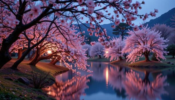 Cherry trees in full bloom surrounded by soft lantern light, reflected in a quiet pond, no people, no animals. photo