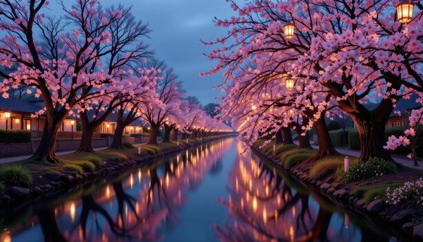 A peaceful riverside lined with cherry trees, each branch holding glowing paper lanterns that reflect softly on the calm water, no people, no animals. photo