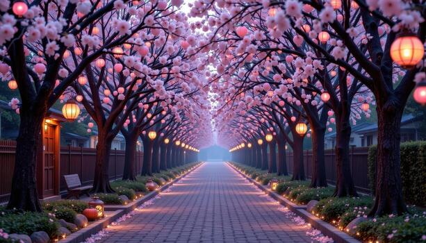 A quiet walkway lined with cherry trees, glowing paper lanterns swaying softly overhead, no people, no animals. photo