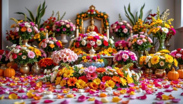 Fresh flowers decorating the altar in abundant bouquets, petals scattered in patterns to create a visually stunning sacred space, no people, no animals. photo