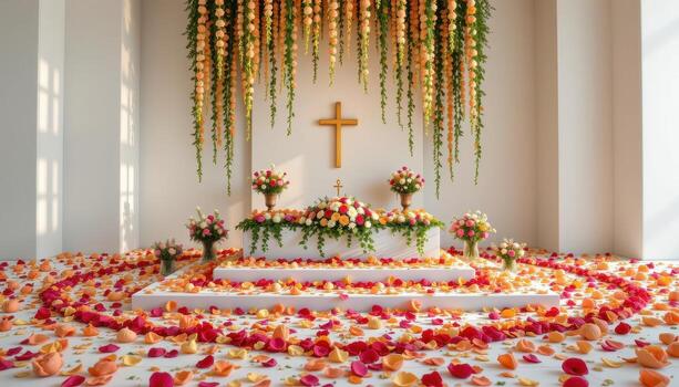 The altar adorned with cascading flowers, petals forming elegant patterns that create a peaceful and solemn sacred space, no people, no animals. photo