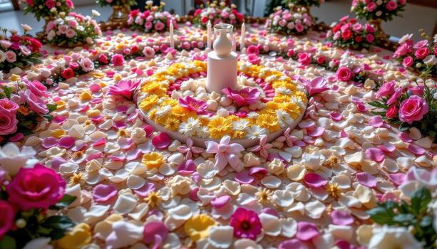 Flowers decorating the altar in abundant arrangements, petals forming soft and elegant patterns across its surface, no people, no animals. photo