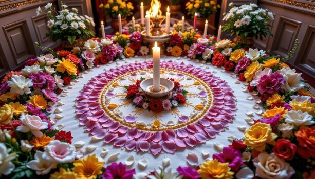 Fresh flowers placed meticulously on the altar, petals forming intricate patterns to enhance the sacred space, no people, no animals. photo