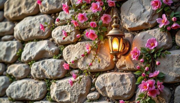 A soft golden lamp fixed to a wall of weathered stones, draped with colorful blossoms, no people, no animals. photo