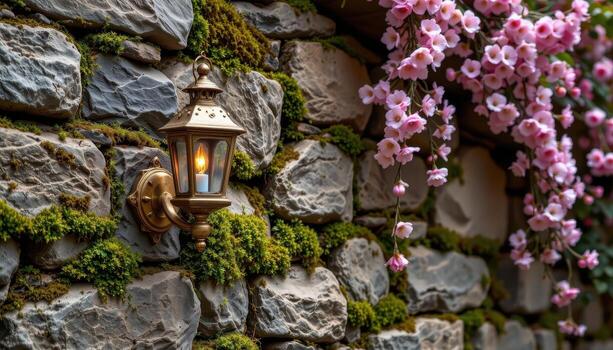 A brass lantern fixed to a mossy stone wall with cascading blossoms creating a romantic, timeless scene, no people, no animals. photo