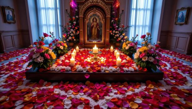 A sacred altar covered in flowers, petals forming harmonious patterns to create a calm and reverent atmosphere, no people, no animals. photo