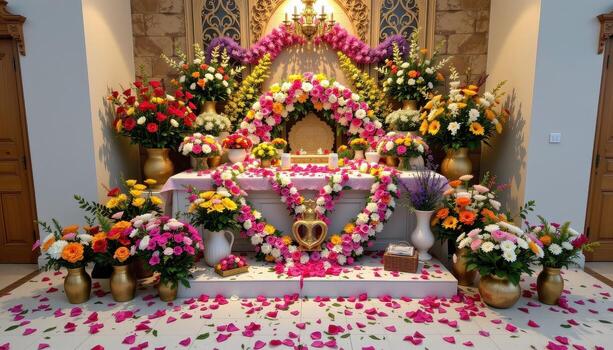 The altar decorated with bouquets and garlands of flowers, petals cascading to create a calm and visually pleasing display, no people, no animals. photo
