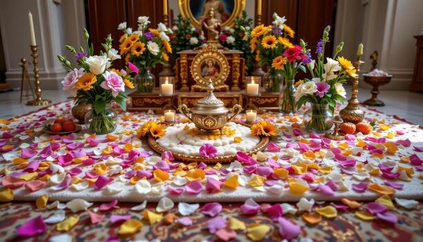 Flowers carefully placed around ceremonial objects on the altar, petals scattered to create a visually harmonious sacred space, no people, no animals. photo