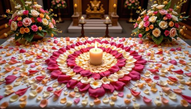 The altar covered in delicate floral arrangements, petals forming symmetrical patterns to highlight its sacred purpose, no people, no animals. photo