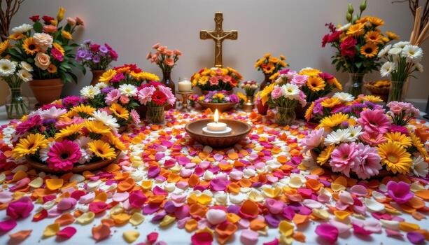 Flowers arranged on the altar in abundant, visually pleasing patterns, petals adding texture and color to create a peaceful sacred space, no people, no animals. photo