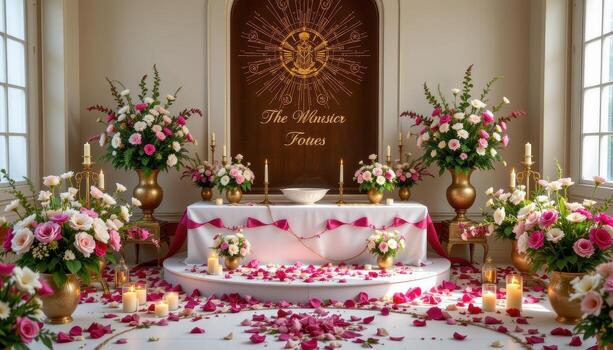 The altar adorned with bouquets and loose petals, forming elegant shapes and patterns that enhance its sacred ambiance, no people, no animals. photo