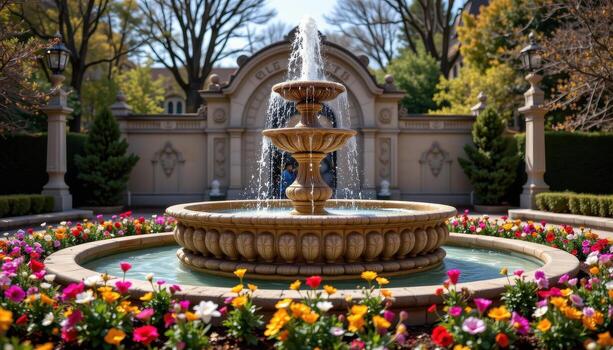 A grand stone fountain with ornate patterns, encircled by colorful spring flowers. photo