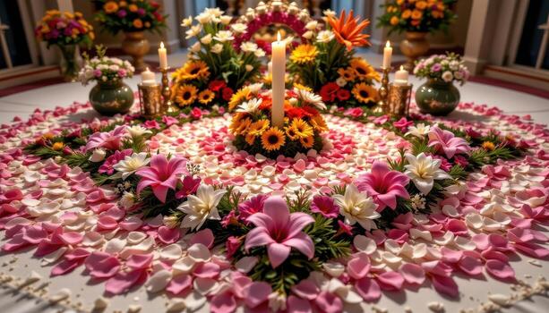 Fresh flowers arranged on the altar in intricate and elegant patterns, petals forming soft layers that highlight the sacred space, no people, no animals. photo