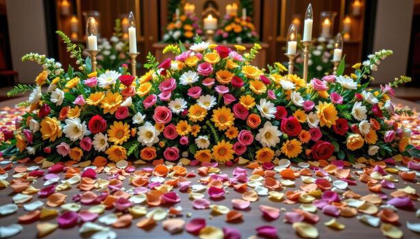 The altar decorated with a mix of wildflowers and cultivated blooms, petals arranged to create a harmonious and solemn visual effect, no people, no animals. photo