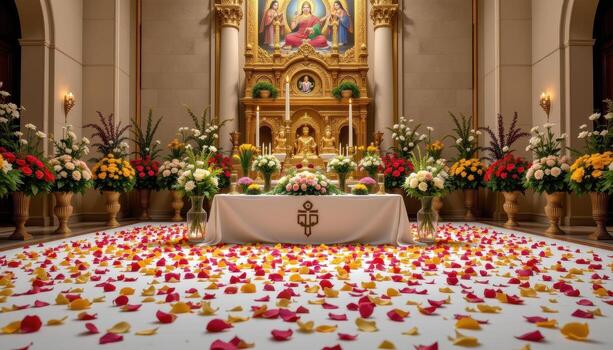 The altar adorned with fresh flowers, petals cascading gently across the surface, creating a tranquil, solemn, and visually stunning sacred space, no people, no animals. photo